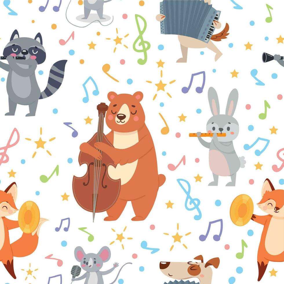 Animal musicians seamless pattern. Funny animals musicians play different musical instruments wallpaper, wrapping or textile vector texture