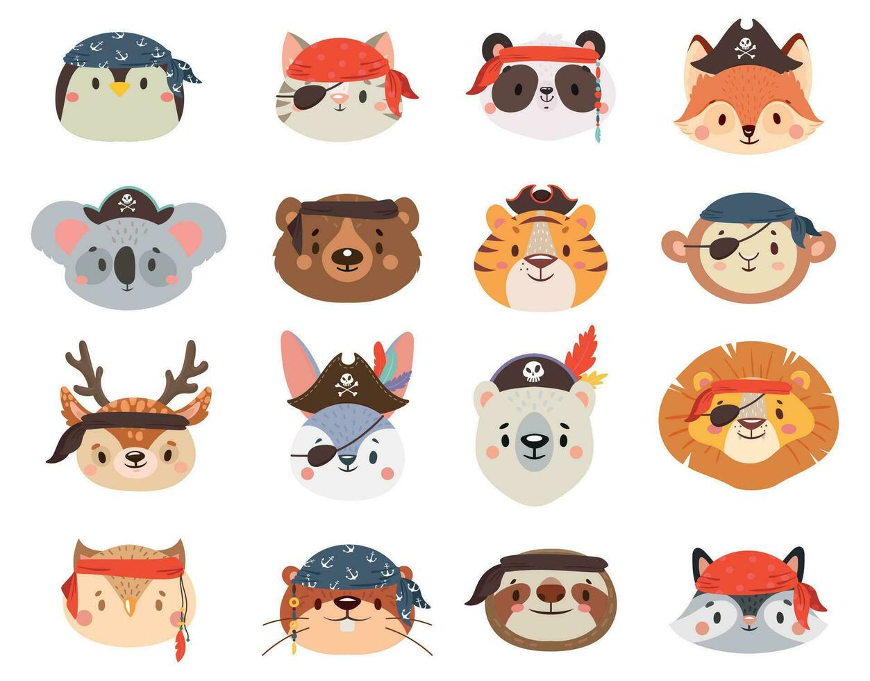 Animals in pirate hats as penguin and cat, lion and tiger, sloth and giraffe, raccoon and deer. Cute, funny characters. vector