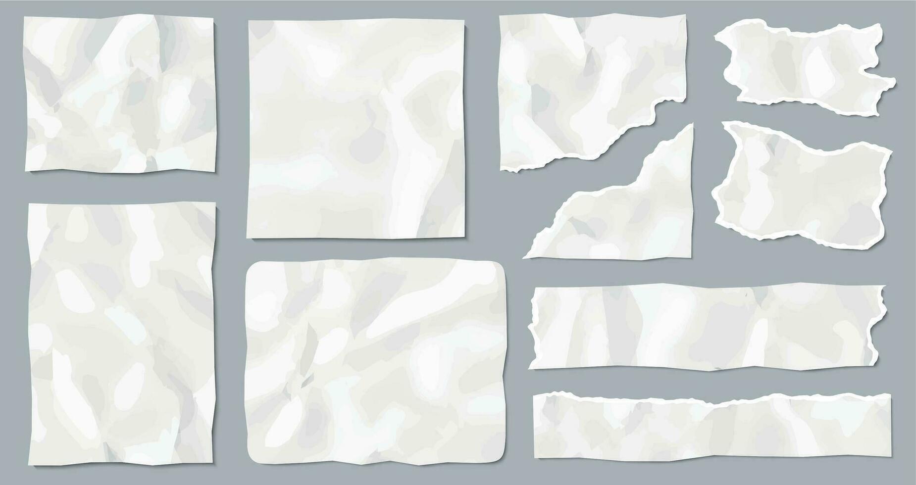 estropeado papel residuos. harapiento arrugado hoja, blanco o vacío página. realista Rasgado blanco Nota papel piezas. vector