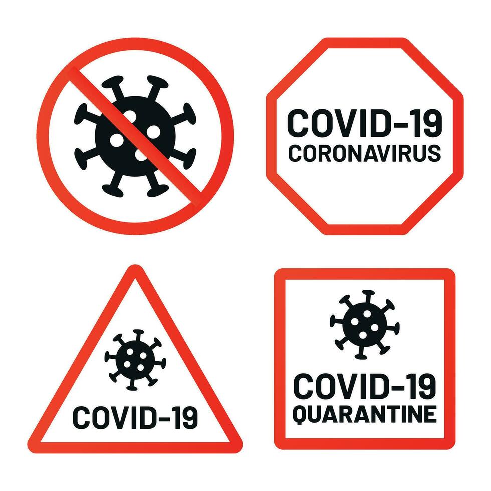 Covid-19 signs ban, attention and warn set vector
