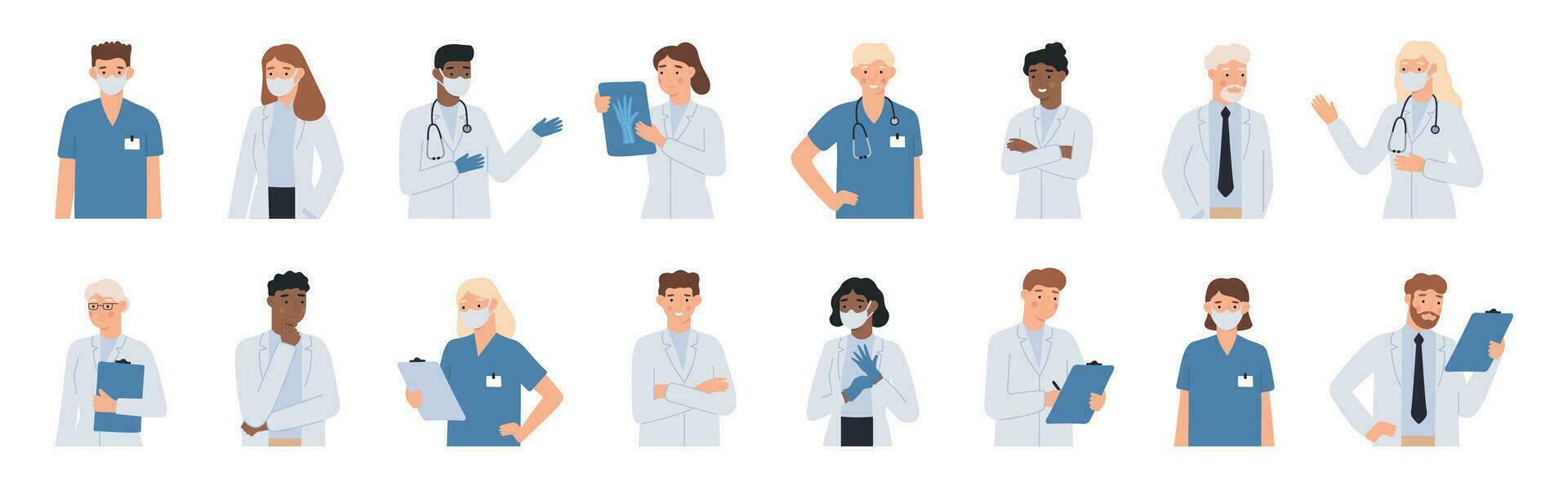 Hospital staff. Doctors in white coats portrait, nurse in face mask and medical student in scrubs. Doctor with stethoscope vector illustration set