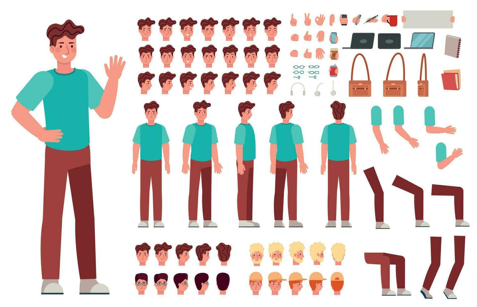 Cartoon male character kit. Man animation body parts, guy in casual clothes. Boy constructor with hand gestures and various heads vector set