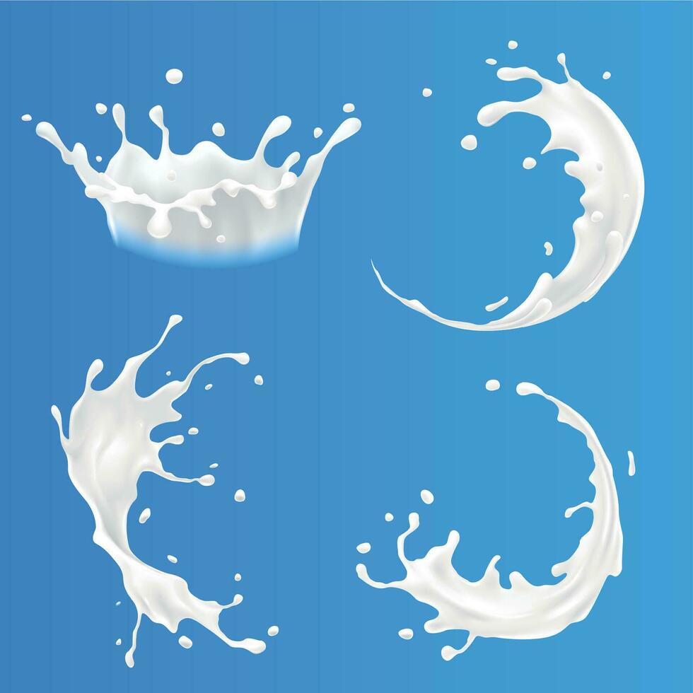 Milk splashes and pouring realistic diary products. Natural yoghurt or cream drops and curves set isolated on blue. vector