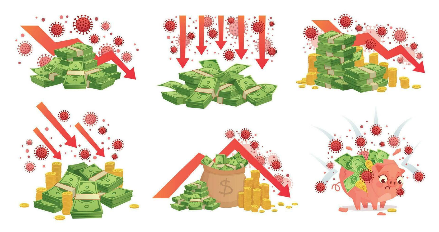 covid-19 global económico crisis. pandemia financiero caer, coronavirus en dinero pila o corona crisis vector concepto ilustración conjunto