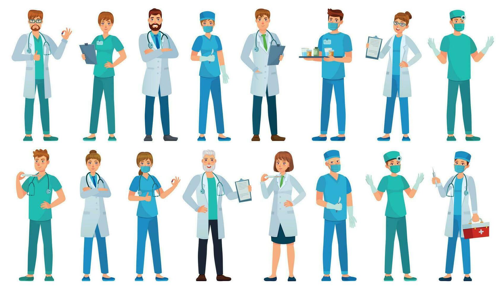 Hospital staff. Clinic workers, pharmacist, nurse in uniform and ambulance doctors characters cartoon vector illustration set