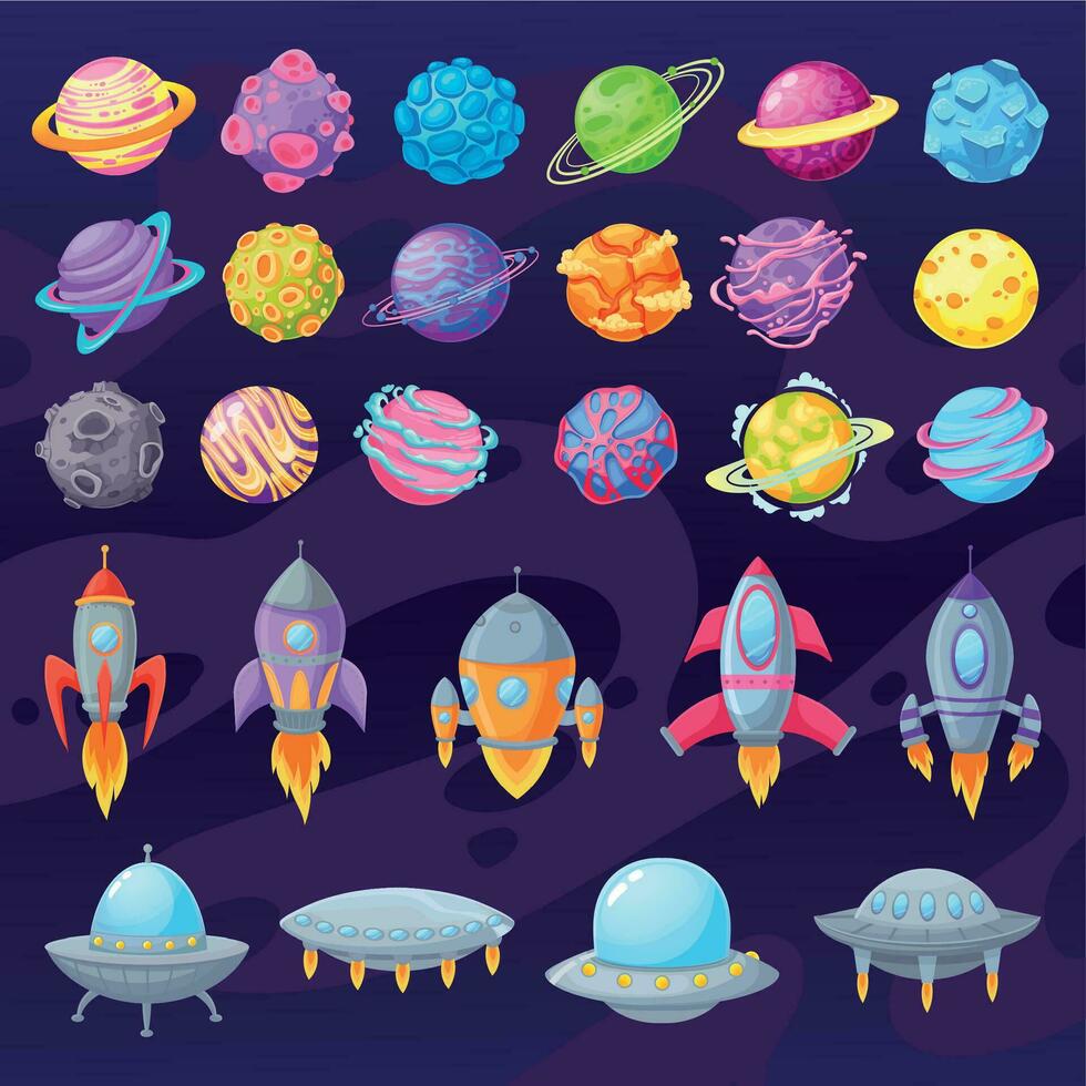 dibujos animados planetas y naves espaciales extraterrestre dibujos animados OVNI y naves espaciales, cohete galaxia elementos para infantil cósmico juego vector colocar.