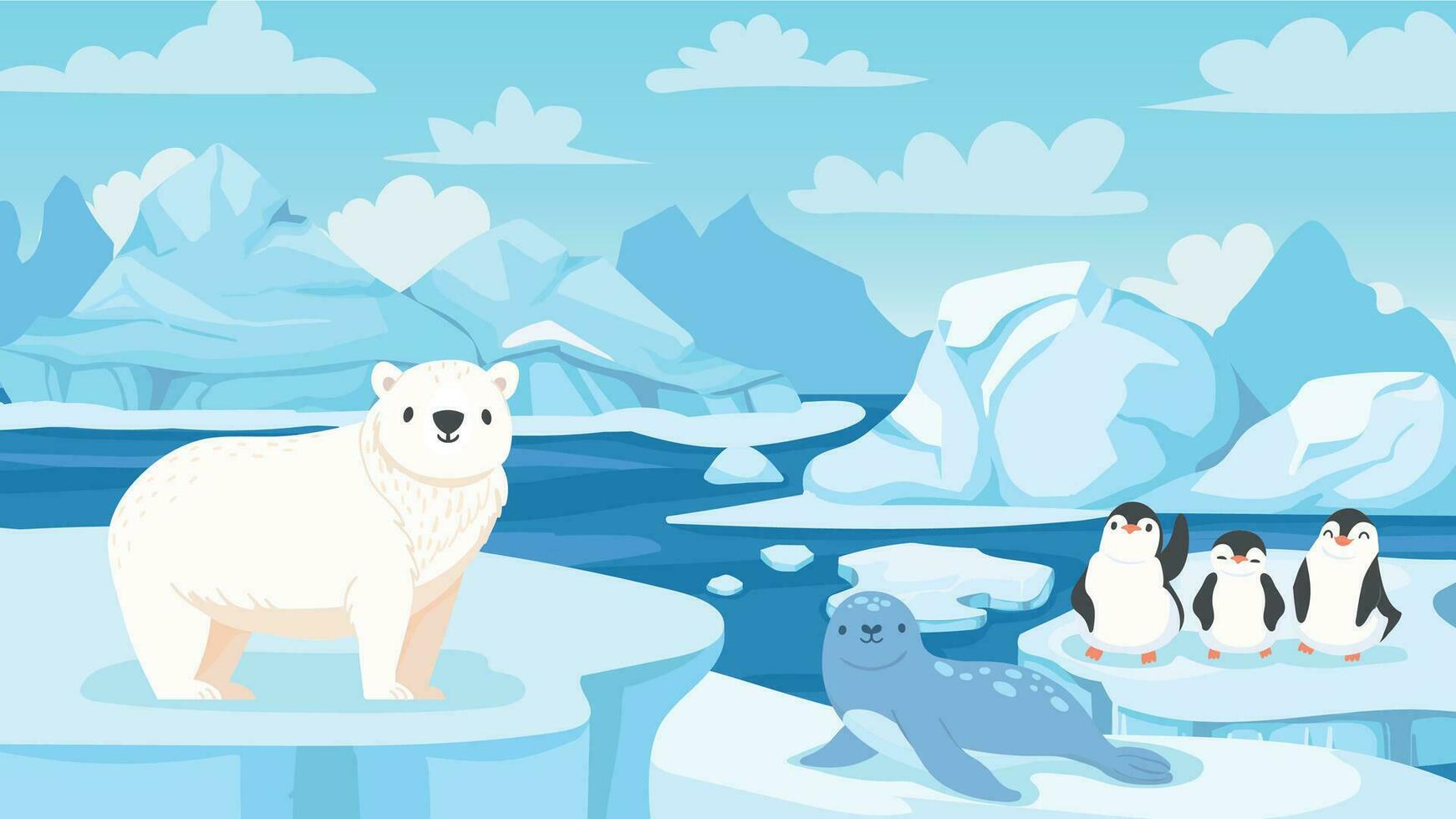 Cartoon arctic landscape with animals. White bears and penguins on drifting glacier, snow mountains iceberg polar winter vector illustration.