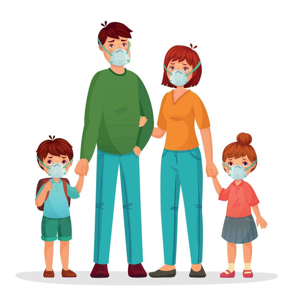 familia en protector cara mascaras en contra contaminación y coronavirus vector
