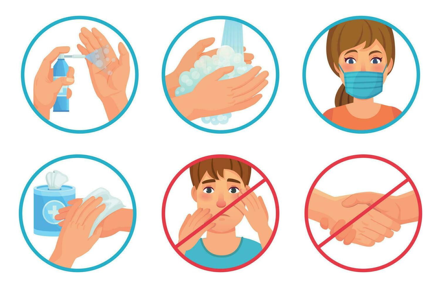 Prevention of coronavirus infection. Use face mask, sanitizer and wash your hands. Dont touch face and no handshakes, prevent SARS-CoV-2 vector illustration set