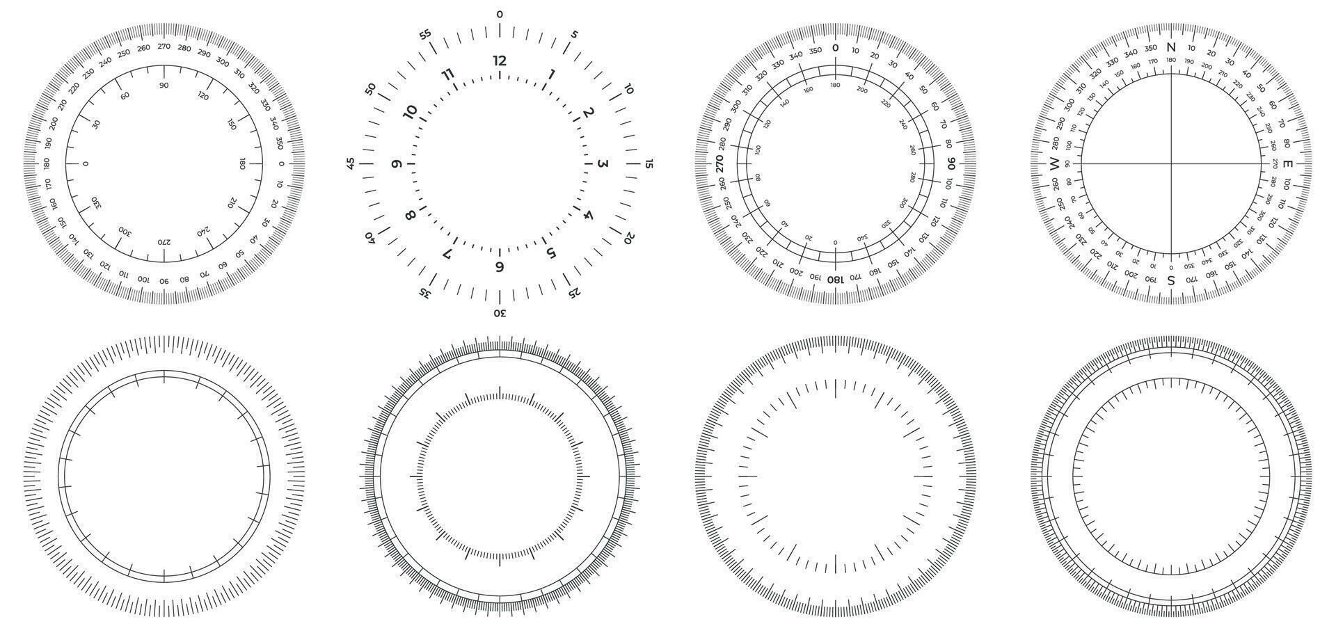 Round measuring circles. 360 degrees scale circle with lines, circular