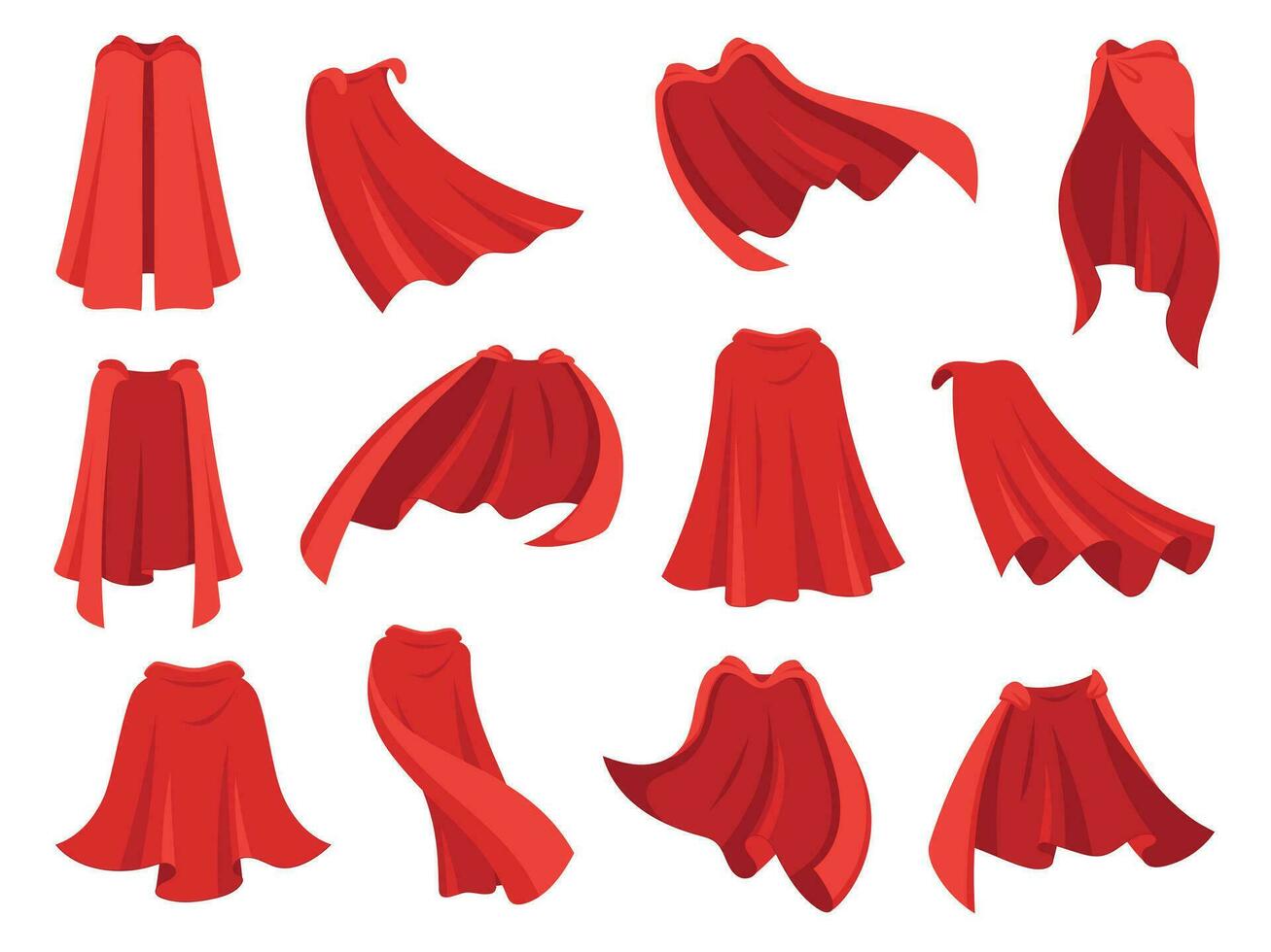 Superhero red cape. Scarlet fabric silk cloak in different position, front back and side view. Mantle costume, magic cover cartoon vector set