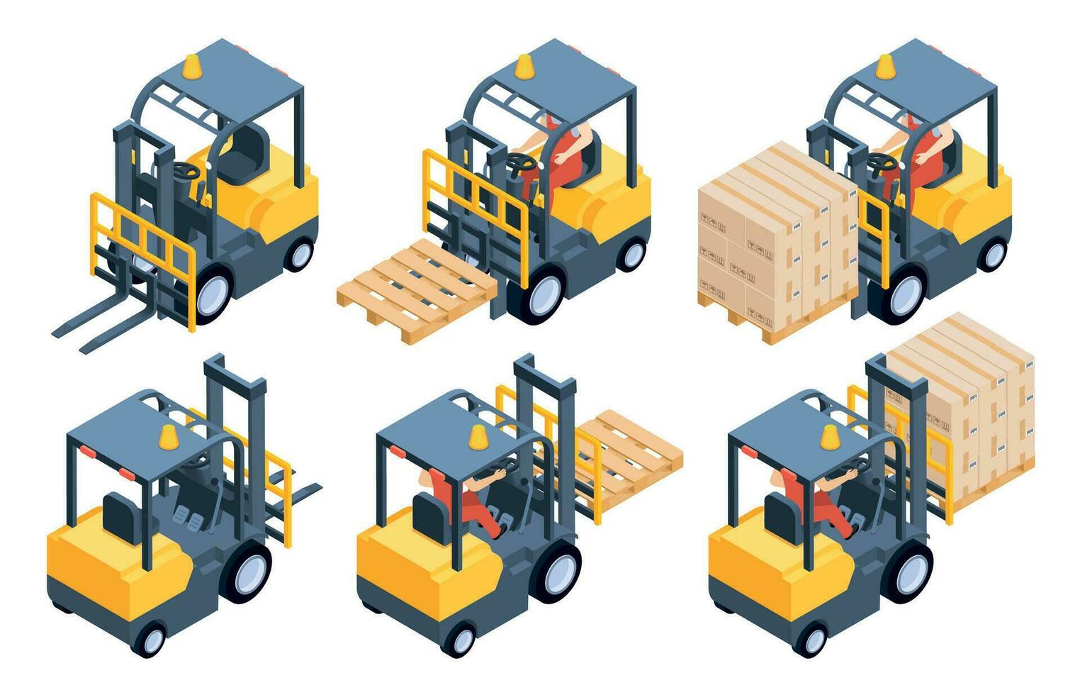 Forklift truck, storage equipment, storage racks, pallets with boxes. Vehicle for goods transportation vector