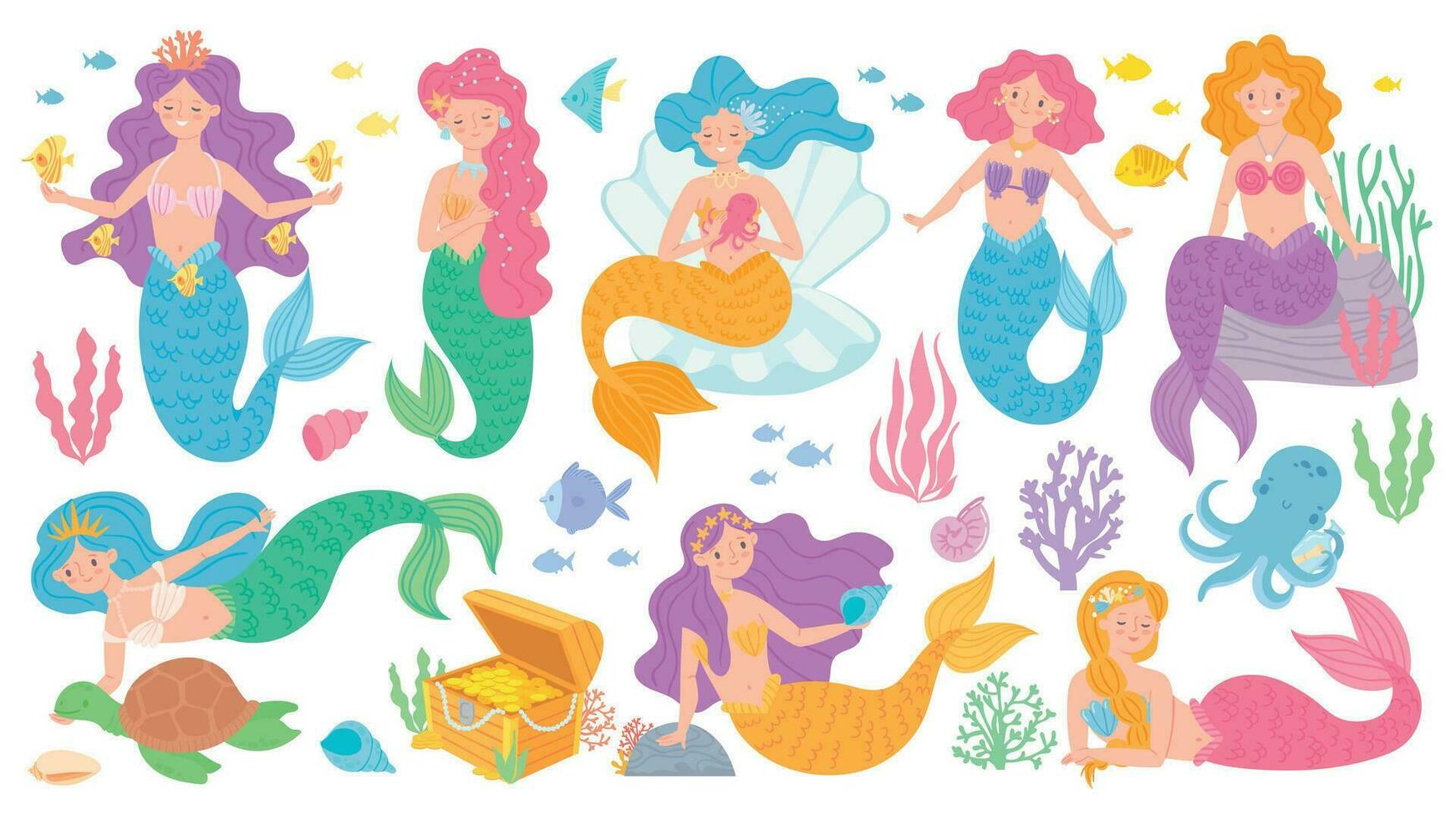 Cute mermaids. Fairytale underwater princess, mythological sea creatures, dolphins, treasure chest. Magic kids world vector game characters