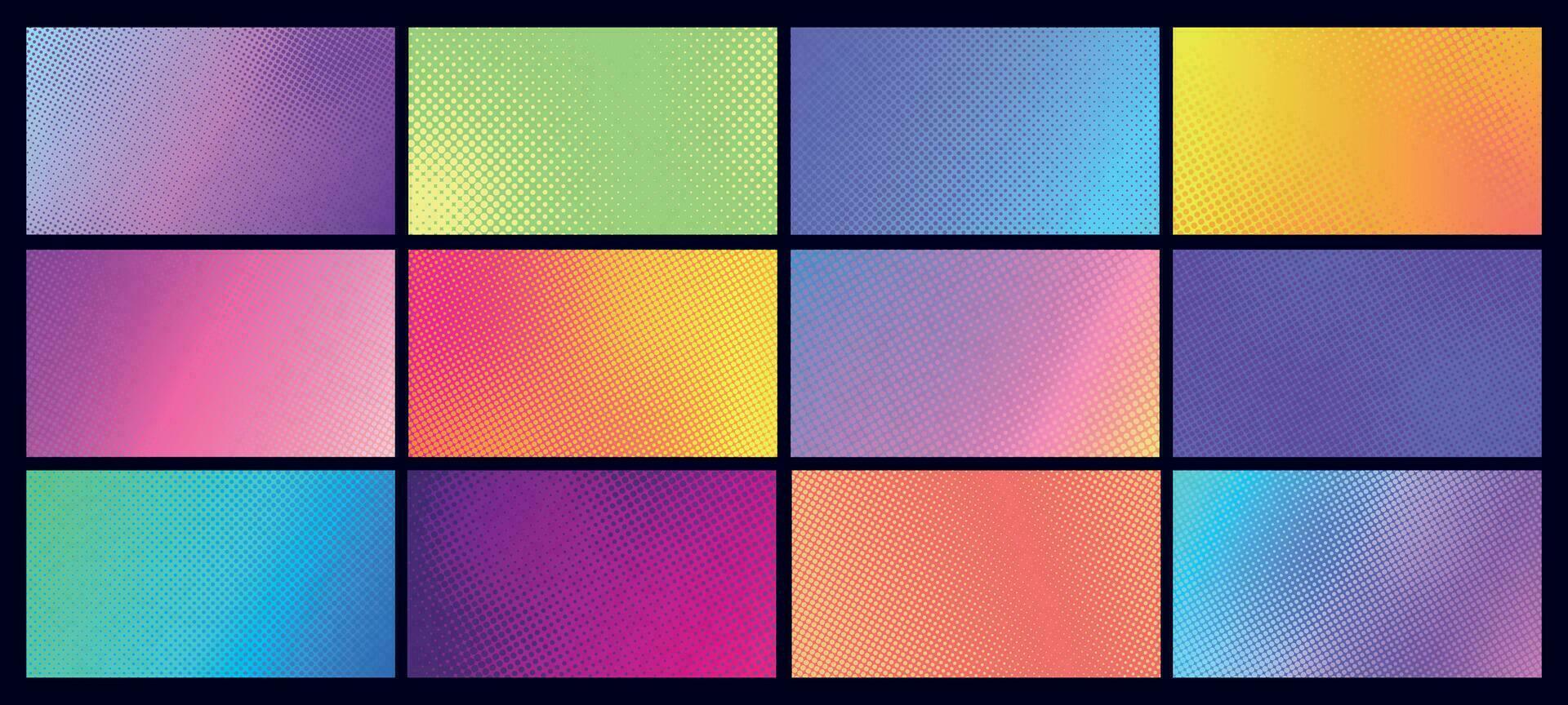 Gradient halftone background set. Comic dotted pop art backdrop with different colors as pink and blue, purple vector