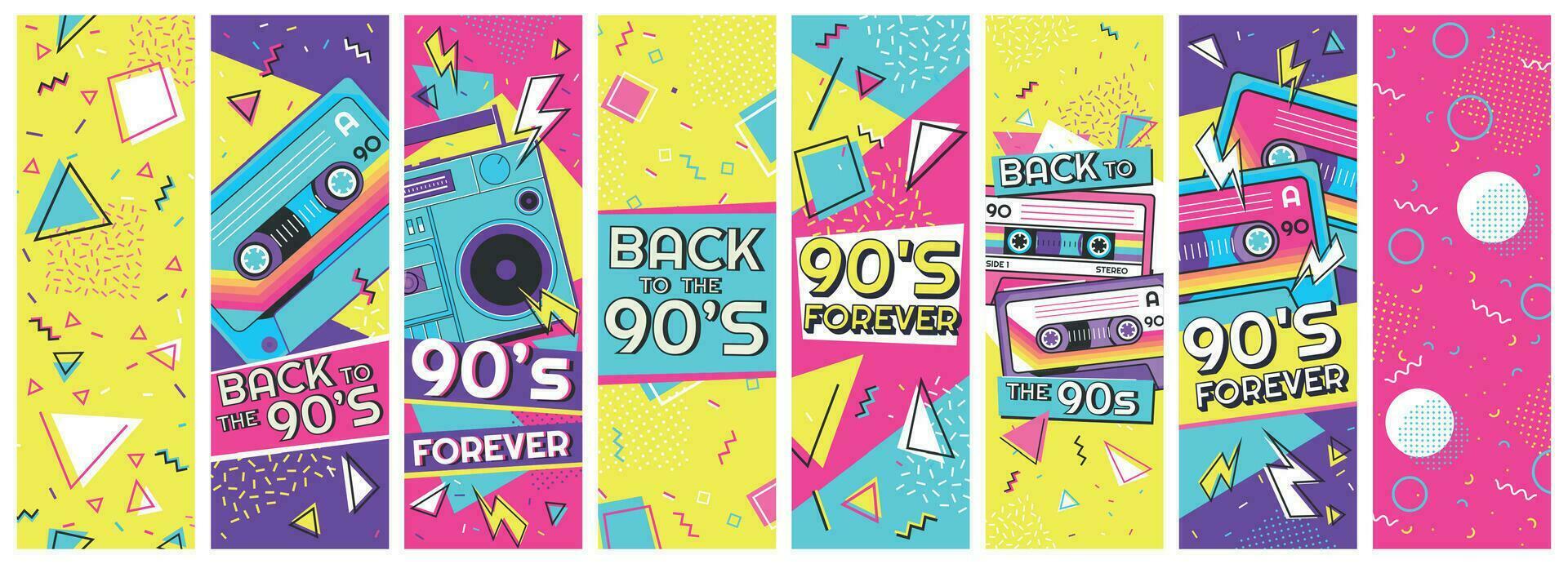 Retro 90s banner. Nineties forever, back to the 90s and pop memphis background banners vector illustration set