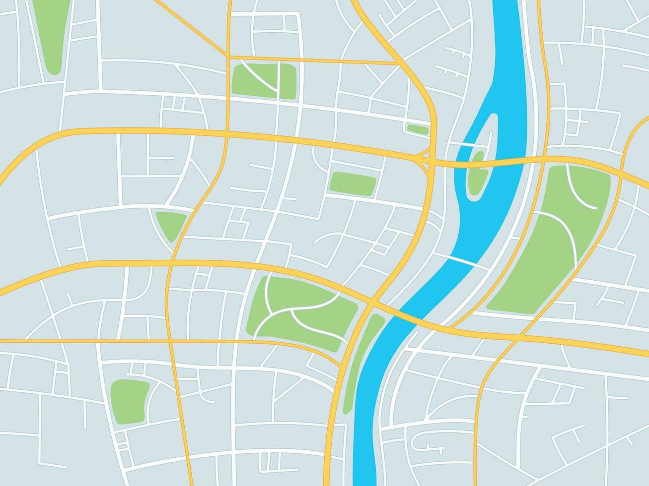 City map. Gps navigation plan, town streets with park and river, abstract direction road topographic map, planning travel, vector image