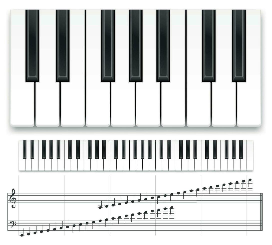 Piano keyboard. Realistic music instrument top view grand piano keyboard or synthesizer and musical notes vector template