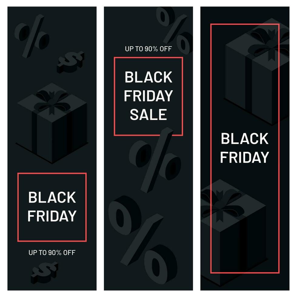 Black friday minimalistic banners. Black gift boxes with ribbons with percent and dollar icons. Special offer vector