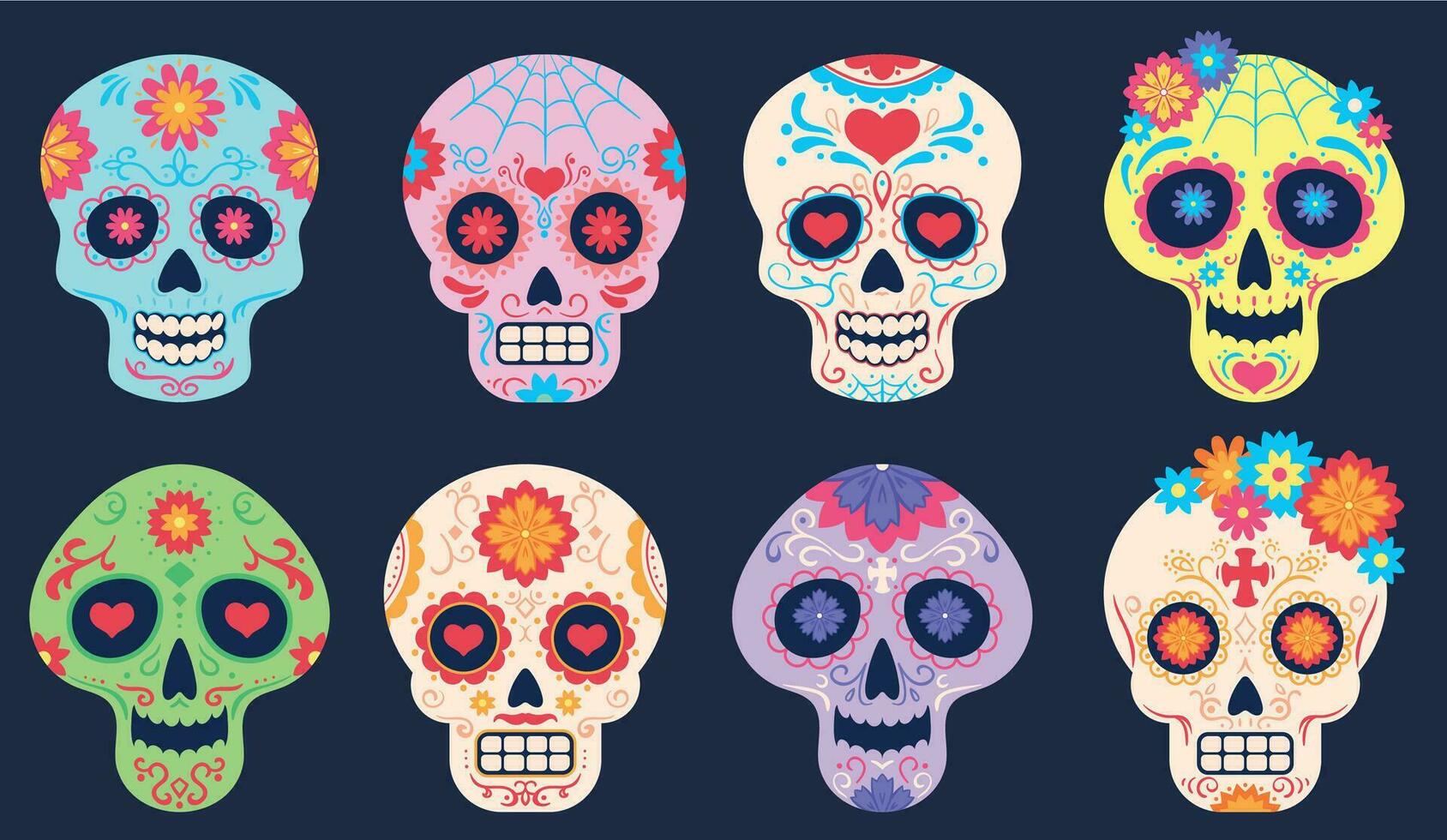 Dead day skulls. Dia de los muertos decoration with flowers and skulls, tattoo floral pattern, traditional mexican festival vector set