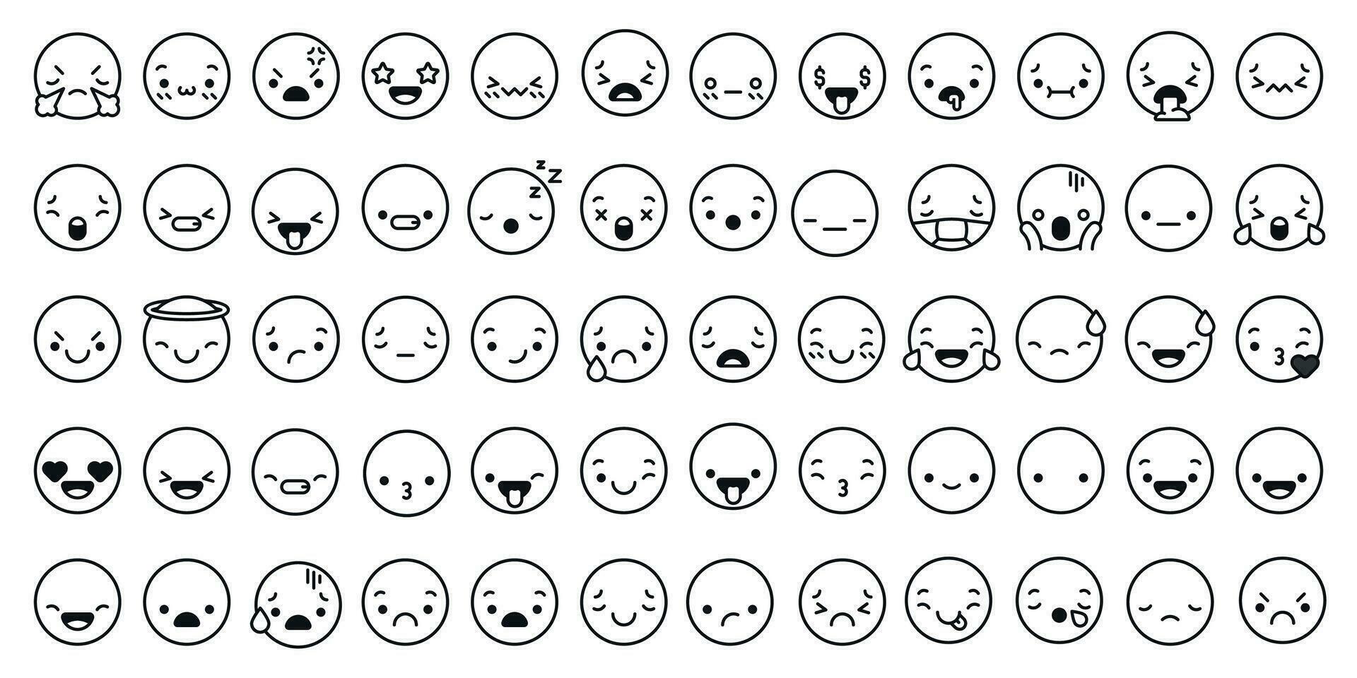 Face expressions icons. Line kawaii face expression japanese anime character. Emotion smile, kiss and cry, angry vector chat linear set