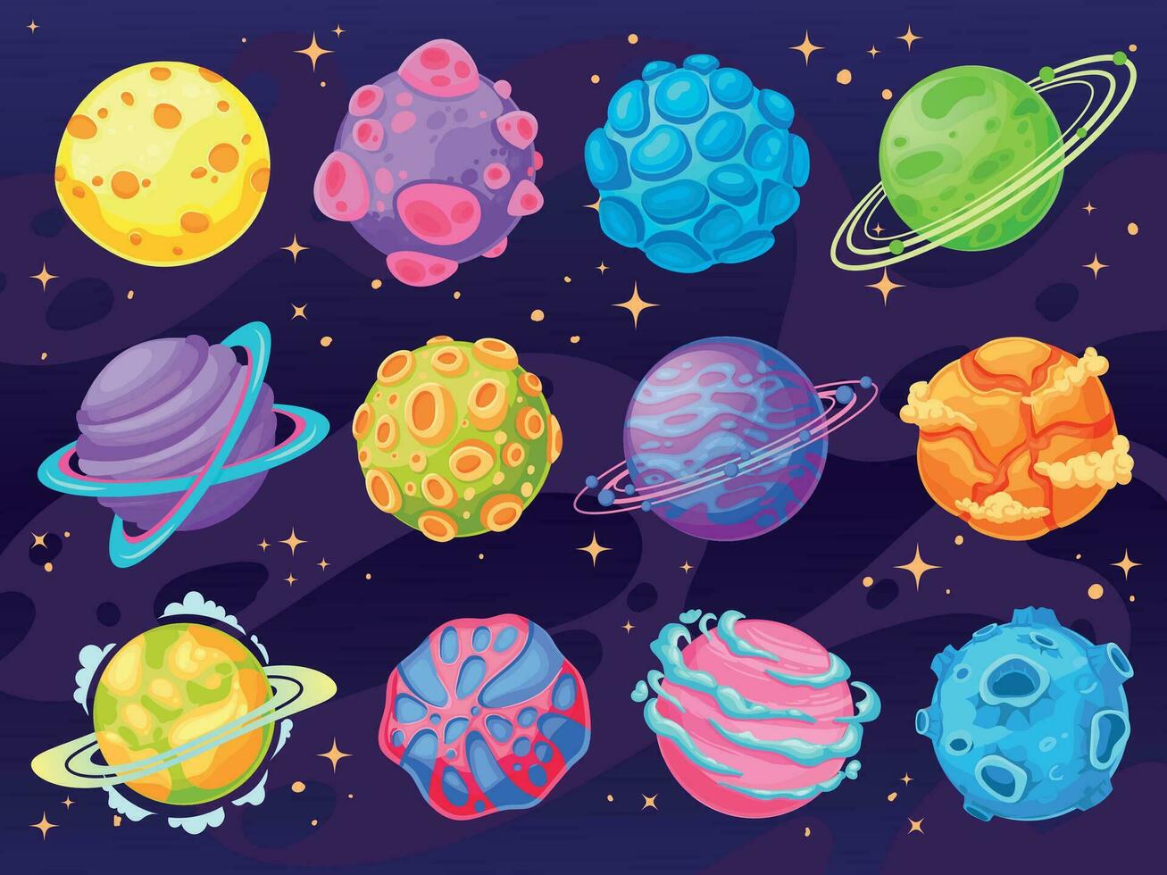 Fantasy cartoon planets. Multicolor cosmic planet objects for game design, fantastic galaxy world space universe ui vector isolated set