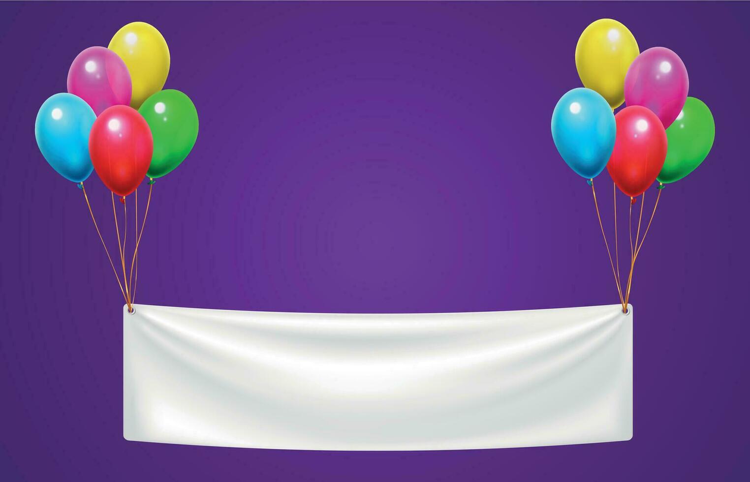 Banner hanging on colorful balloons for happy birthday party. Event celebration invitation or greeting card vector