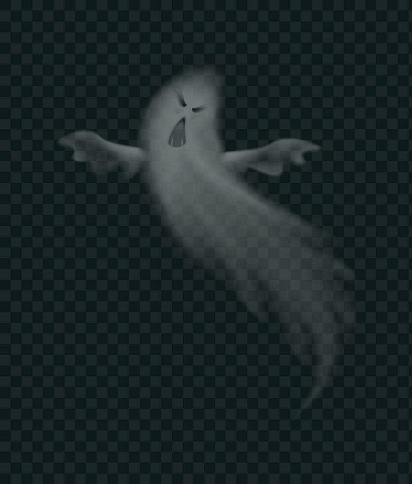 Realistic ghost, scary monster for halloween. Spooky phantom, flying poltergeist figure with frightening face vector