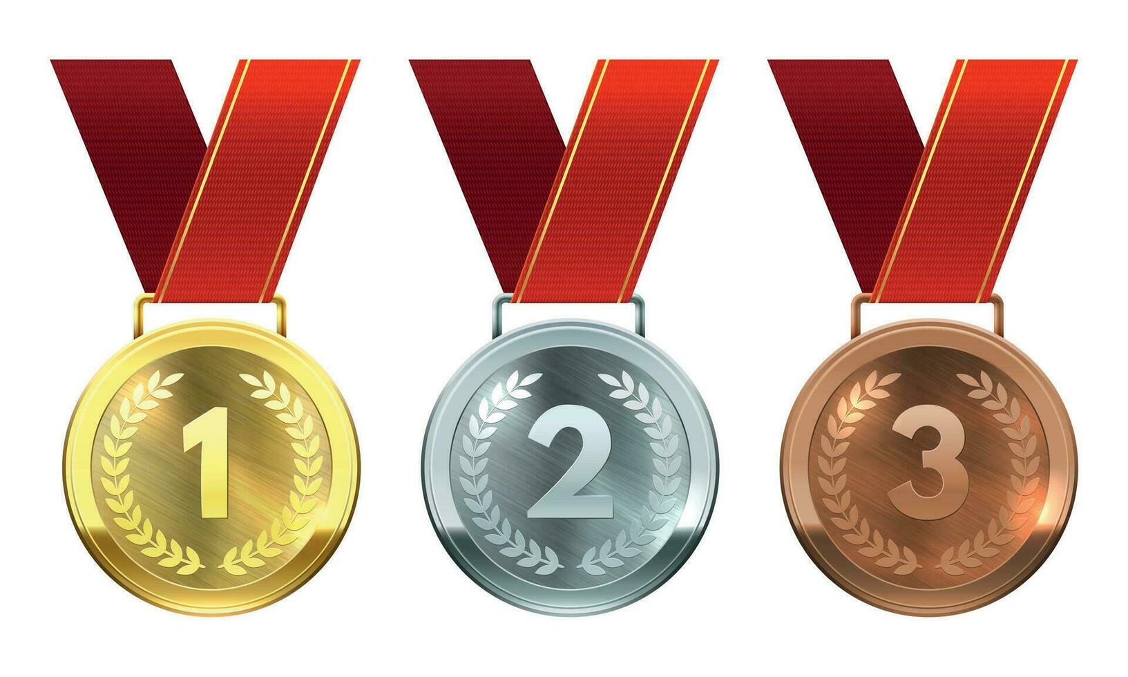 Gold, silver and bronze medals. First, second and third place awards, realistic round medals on red ribbons, championship reward vector set