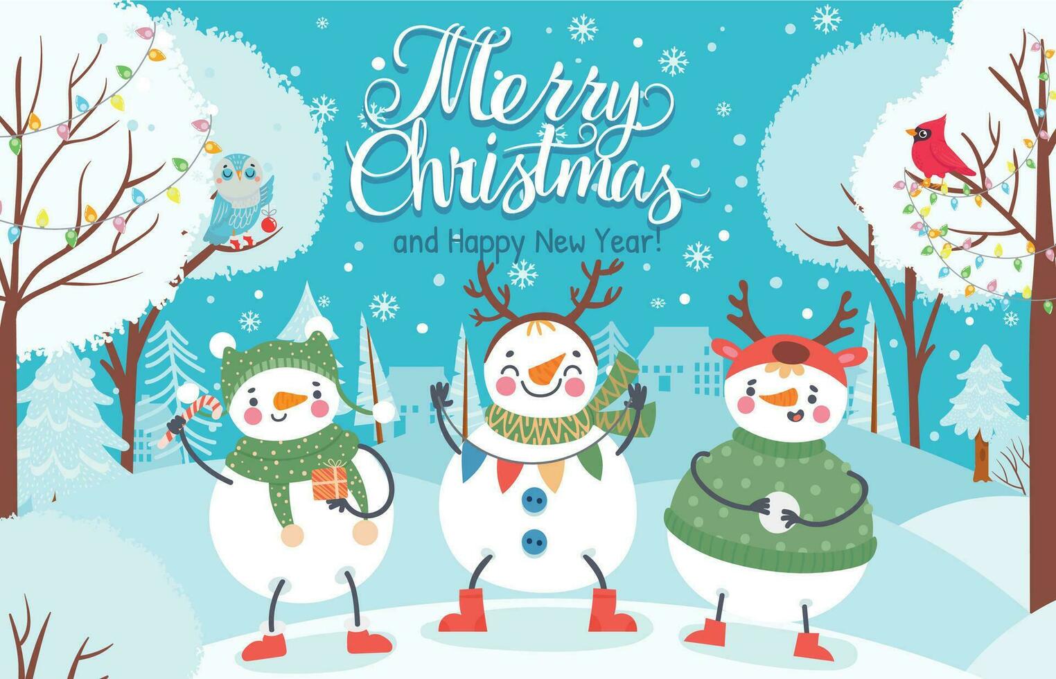 Snowman. Cute funny snowmen in winter clothes with gift and snowball outdoor. Christmas and happy new year greeting card vector background