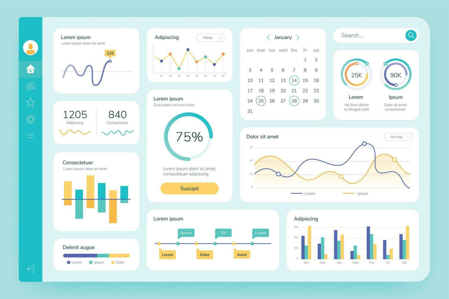 tablero ui sencillo datos software, gráfico y hud diagramas, administración paneles moderno financiero solicitud interfaz modelo vector infografía