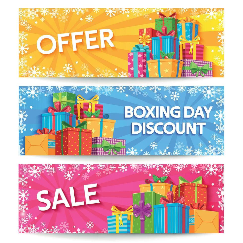 Boxing day. Holiday gift boxes with ribbon, xmas or wedding gifts, birthday presents, christmas offer promotion, big sale vector banners set