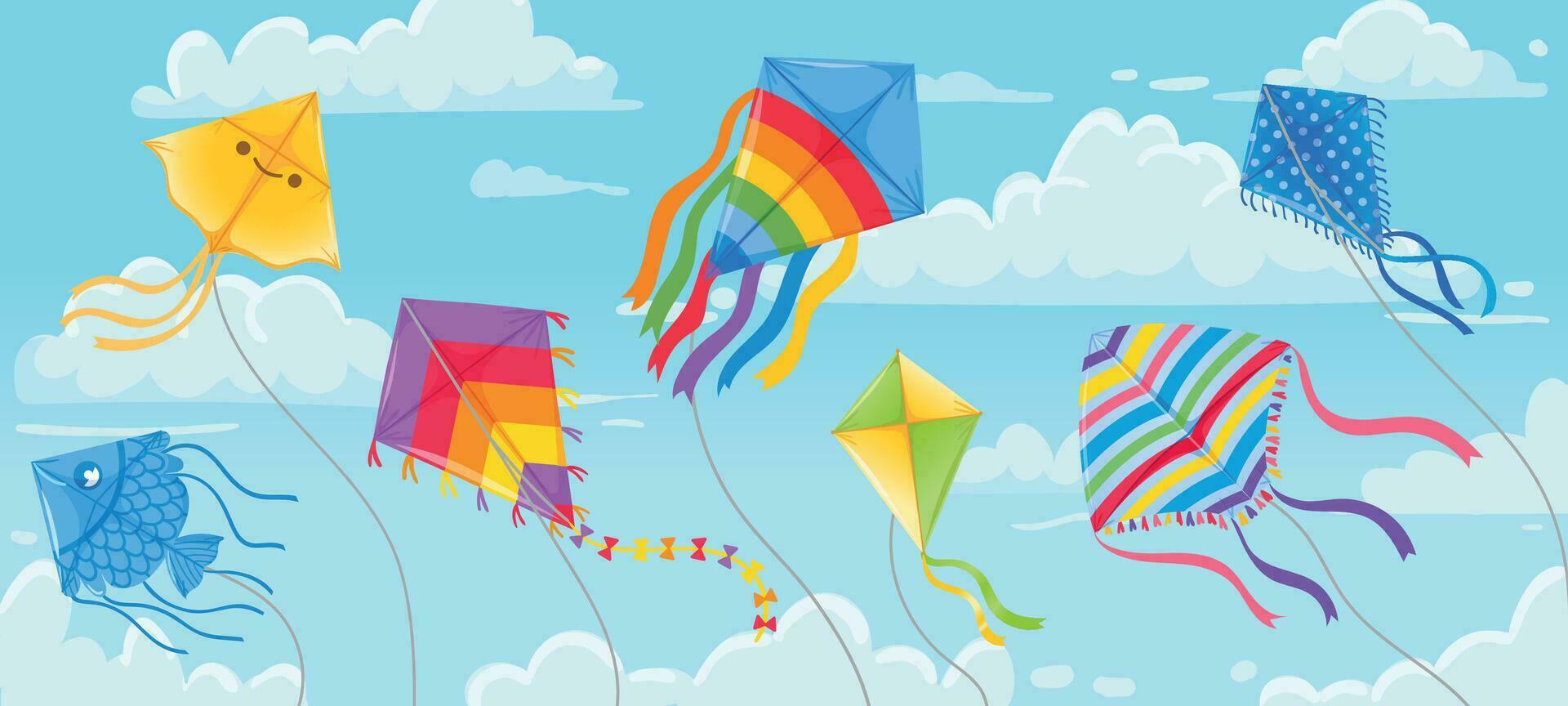 Kites in sky. Summer blue skies and clouds with kite on string flying in wind. Kites festival banner. Outdoor fun hobby vector background