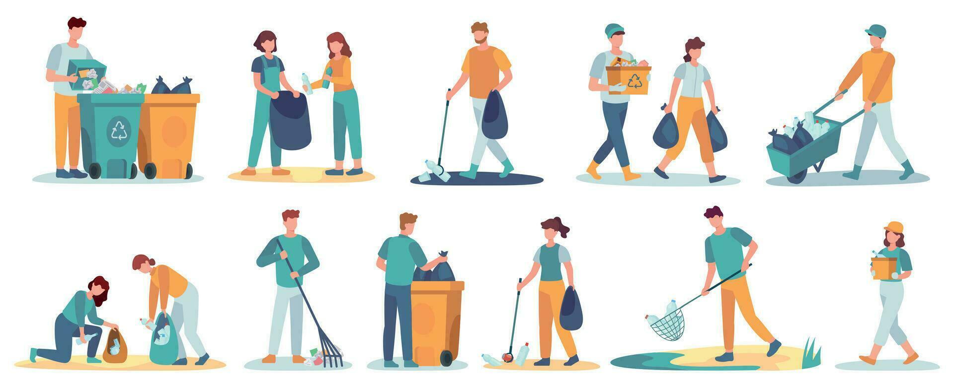 People clean up garbage. Volunteers gathering trash for recycle. Characters cleaning environment from litter. Waste collectors vector set