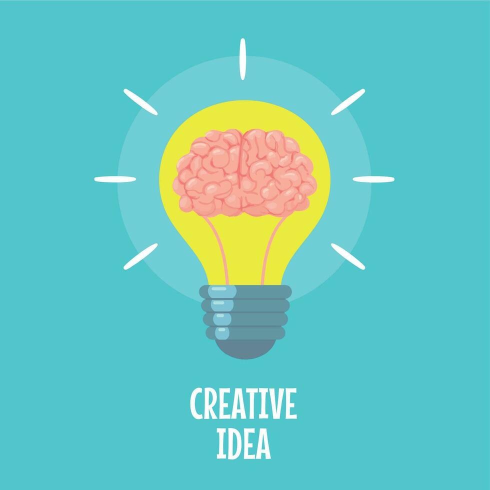 Brain in light bulb. Creative idea metaphor, conceptual strategy. Brainstorm, innovation solution icon, flat vector concept