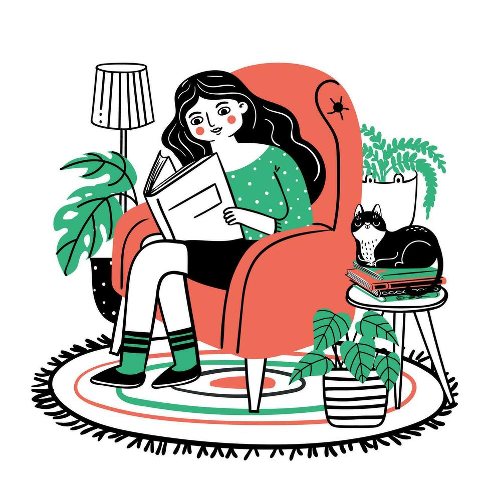 Woman reads in chair. Happy relaxed girl reading book in cozy armchair at home. Books lover with plants and cat. Hand drawn vector concept
