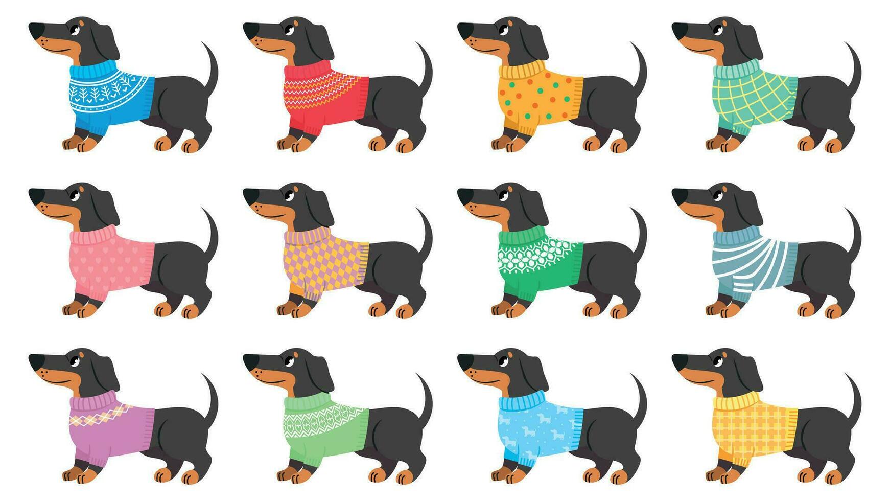Dachshund clothes. Dogs wear with trendy patterns, puppy in various sweaters. Cute pets, dachshunds fashion cartoon vector set