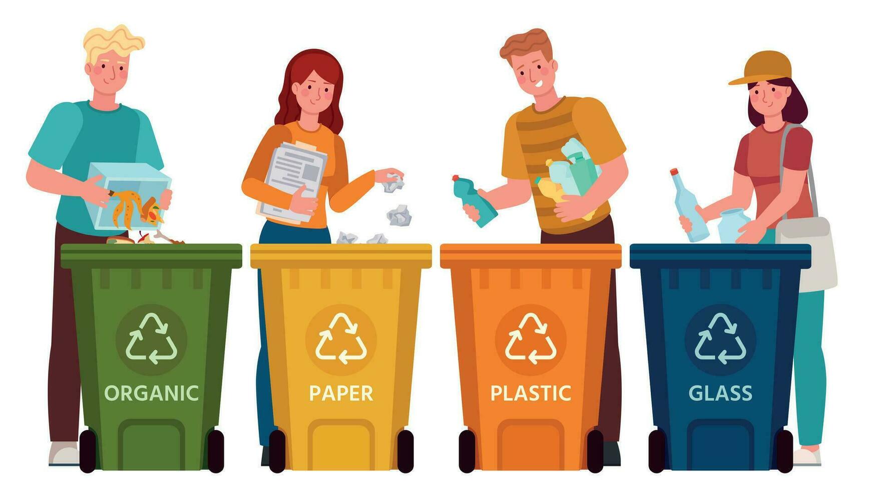personas clasificación basura. hombres y mujer separar residuos y lanzamiento basura dentro reciclaje papeleras ecología estilo de vida vector ilustración