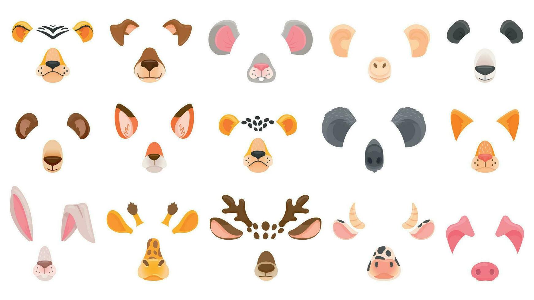 Animal face for video chat. Filter masks of animals. Fox, panda and koala, deer and bear, cheetah and tiger, dog and cat. Cartoon vector set