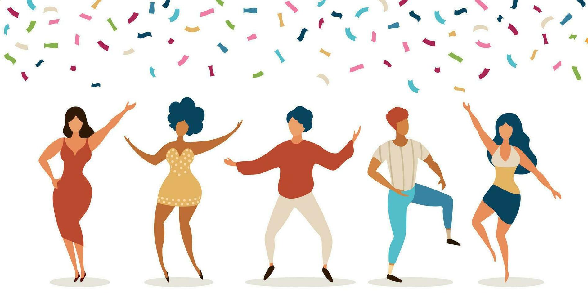 Dancers. Group of young people dancing in club. Celebration party with confetti. Happy teens dance, jump together. Funny vector characters