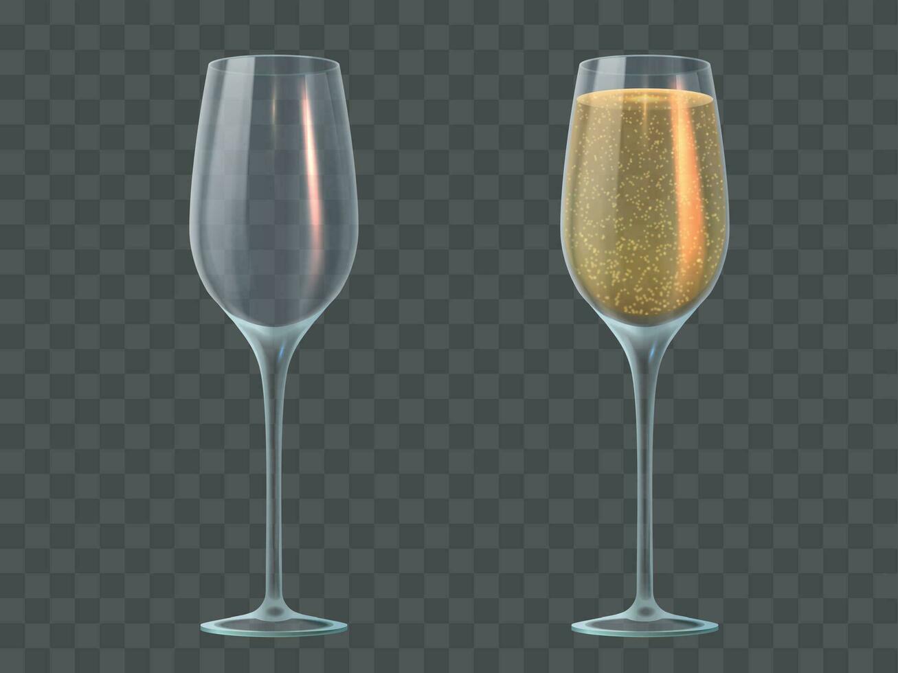 Champagne glass. Fill and empty transparent wineglasses with sparkling wine. Valentine day, christmas and wedding 3d realistic vector mockup