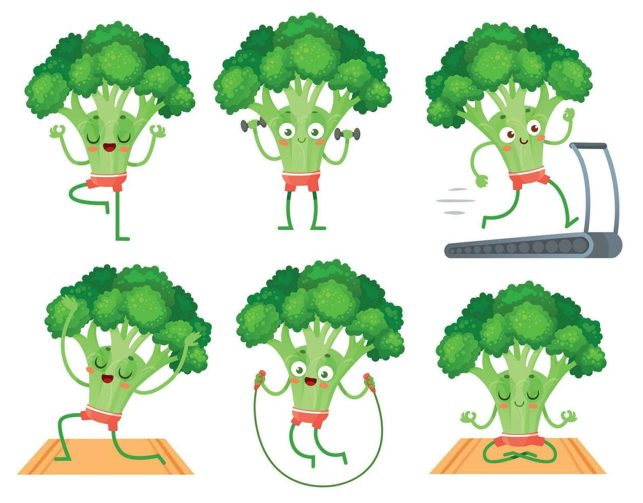 Cartoon broccoli character fitness. Vegetable doing exercises with dumbbells, running on treadmill and jumping vector