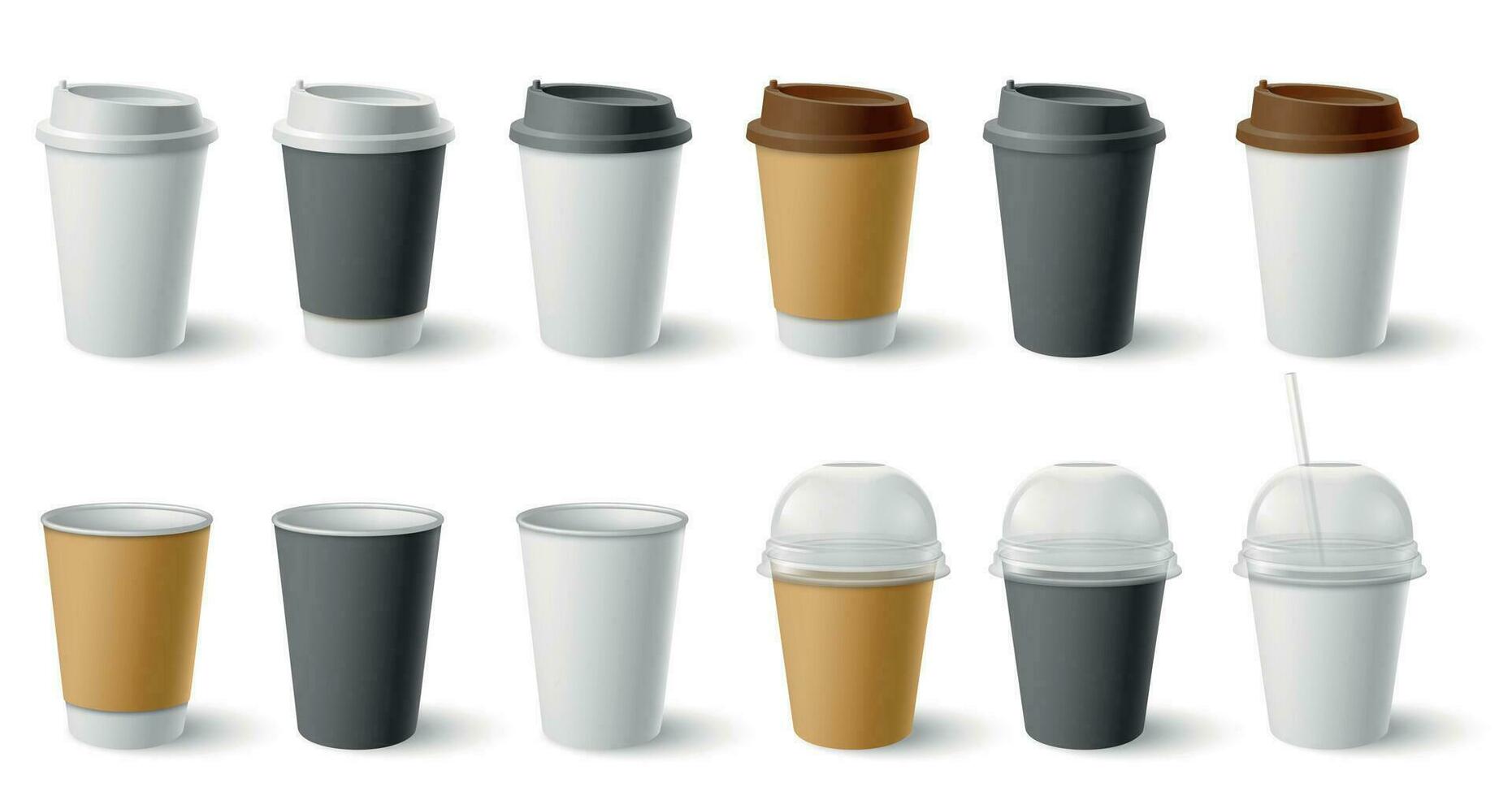 Paper cup. Cardboard cups with cap and mugs for hot coffee and tea. Realistic black, white, brown cafe drinks eco packages mockup vector set