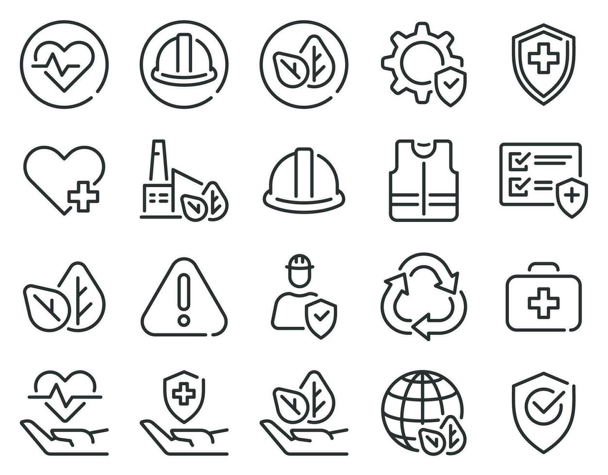 Health safety environment icons. Occupational security preventive, medical insurance, air pollution protection warning hazard, vector set