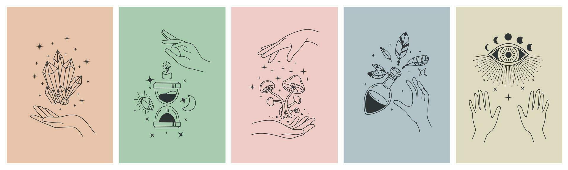 Mystical line hands. Minimalist esoteric moon, crystals, hourglass symbols for tattoo print. Boho astrology hand. Mystic app vector concept