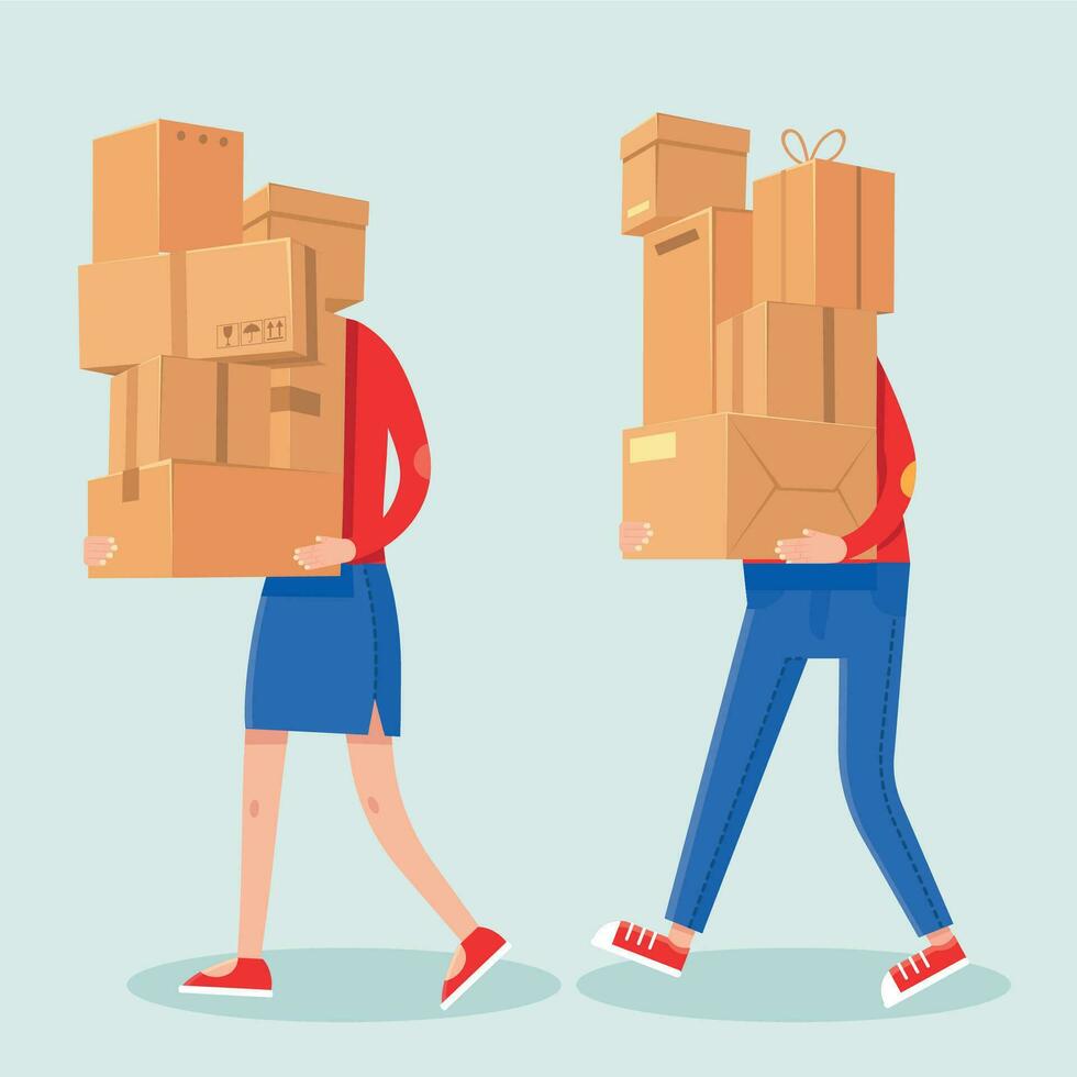 People carrying boxes stack. Cartoon man and woman with heavy carton box pile. Family couple carry packages. House moving vector concept