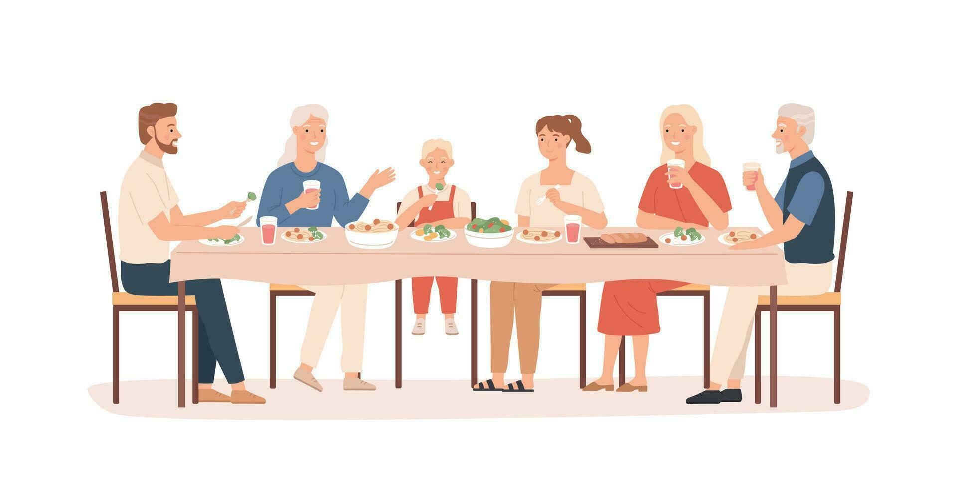 Family dinner. Grandparents, parents and kids sitting at holiday table, happy people eating delicious food, vector concept