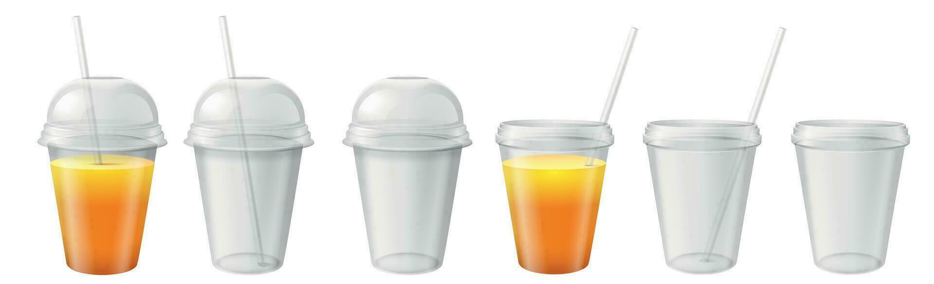 Transparent plastic cup. Takeaway disposable mug with lid and straw. Juice, ice tea and water beverage container realistic vector mockups