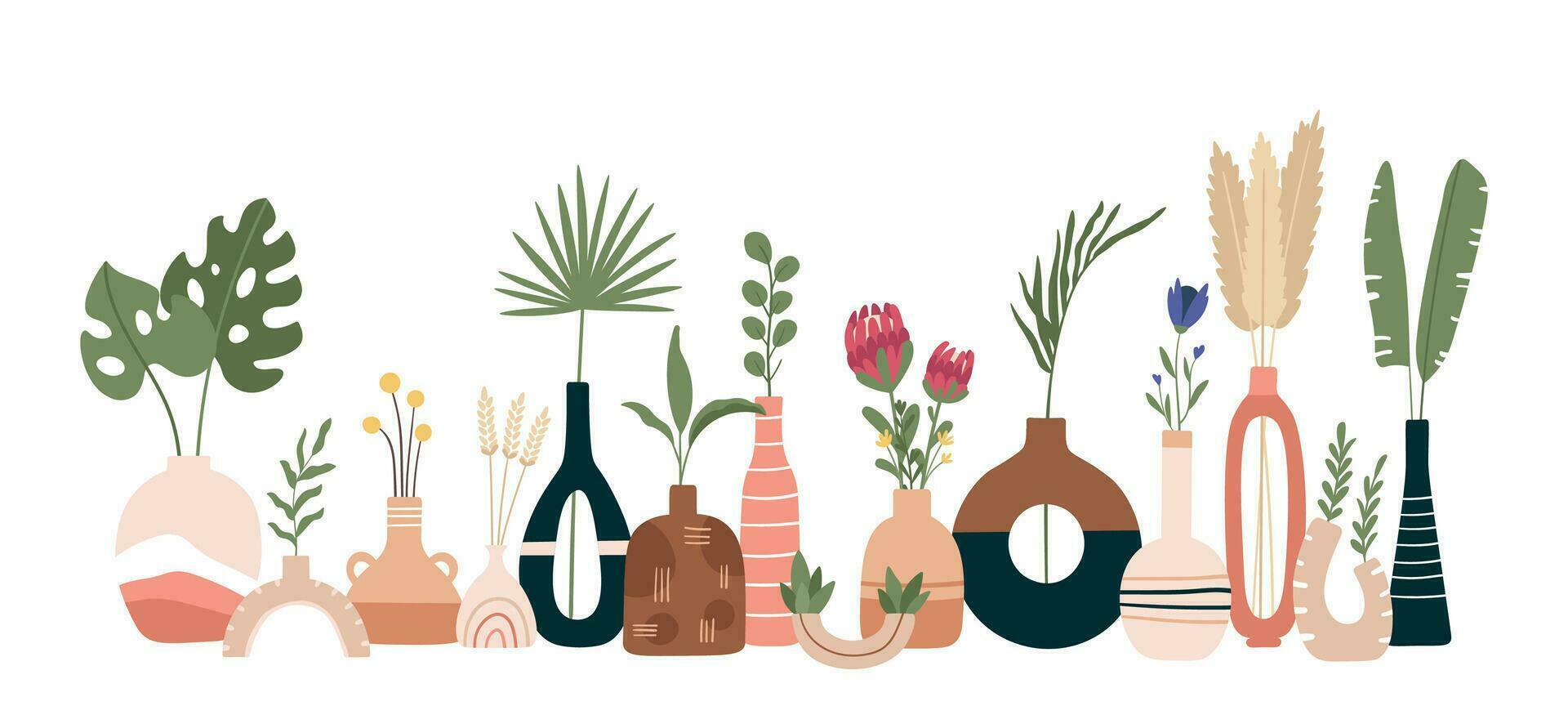 Ceramic vase poster. Scandinavian abstract art with vases, pots and jugs. Handmade pottery kitchen banner. Minimal modern flat vector print