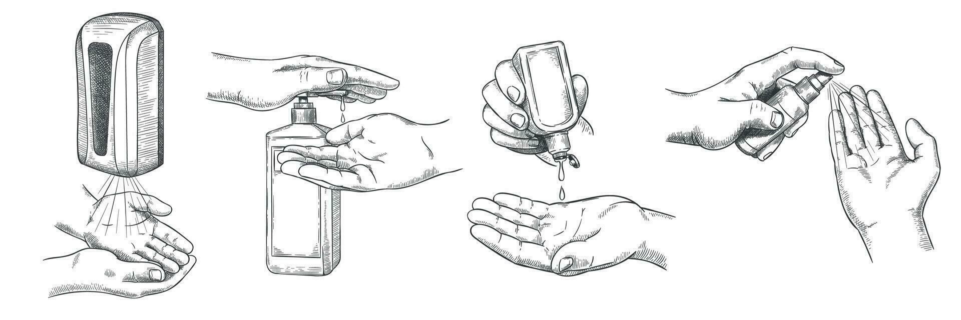 Sketch hands sanitizers. Person clean hand with alcohol gel, wall sanitizer, spray and antiseptic in bottle. Prevention covid-19 vector set