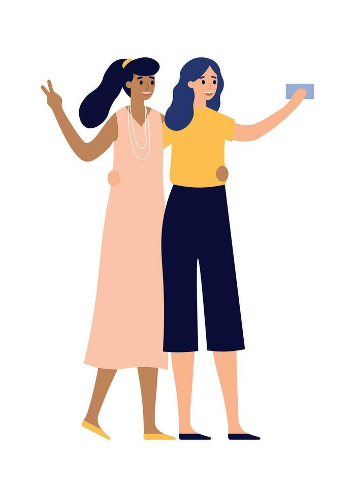 Girlfriends posing for photo on smartphone. Women taking selfie using mobile phone. Beautiful characters vector